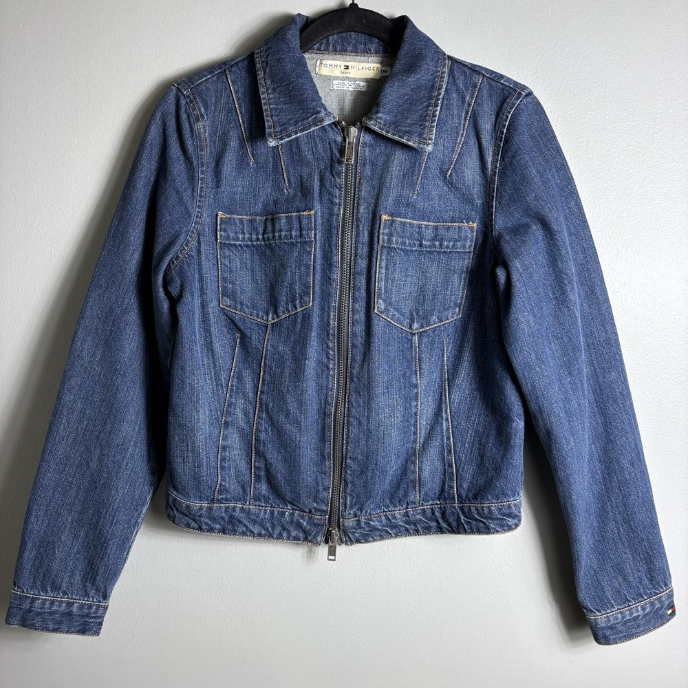 Vintage Tommy Hilfiger Women's M Full Zip Flag Anchor Dark‎ Wash Denim Jacket